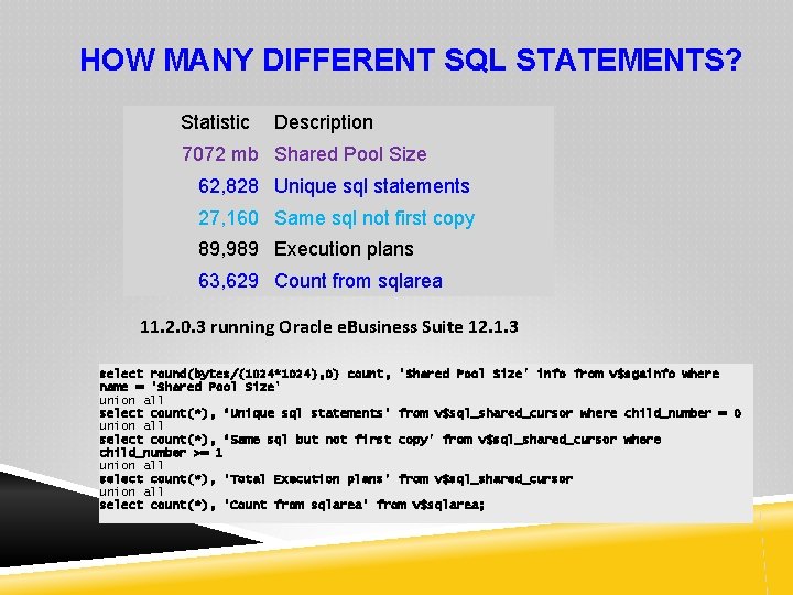 HOW MANY DIFFERENT SQL STATEMENTS? Statistic Description 7072 mb Shared Pool Size 62, 828