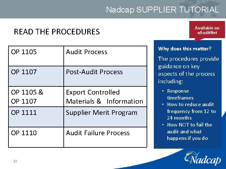 Nadcap SUPPLIER TUTORIAL READ THE PROCEDURES OP 1105 Audit Process OP 1107 Post-Audit Process