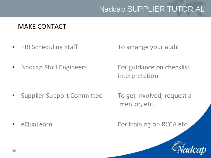 Nadcap SUPPLIER TUTORIAL MAKE CONTACT • PRI Scheduling Staff To arrange your audit •