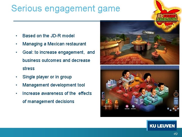 Serious engagement game • Based on the JD-R model • Managing a Mexican restaurant Serious engagement game • Based on the JD-R model • Managing a Mexican restaurant