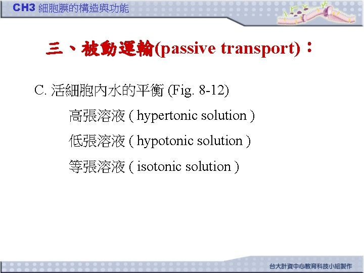 CH 3 細胞膜的構造與功能 三、被動運輸(passive transport)： C. 活細胞內水的平衡 (Fig. 8 -12) 高張溶液 ( hypertonic solution