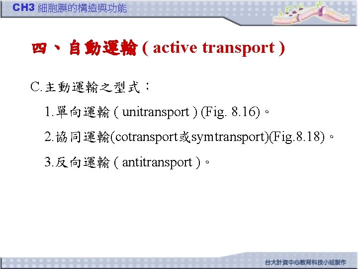 CH 3 細胞膜的構造與功能 四、自動運輸 ( active transport ) C. 主動運輸之型式： 1. 單向運輸 ( unitransport