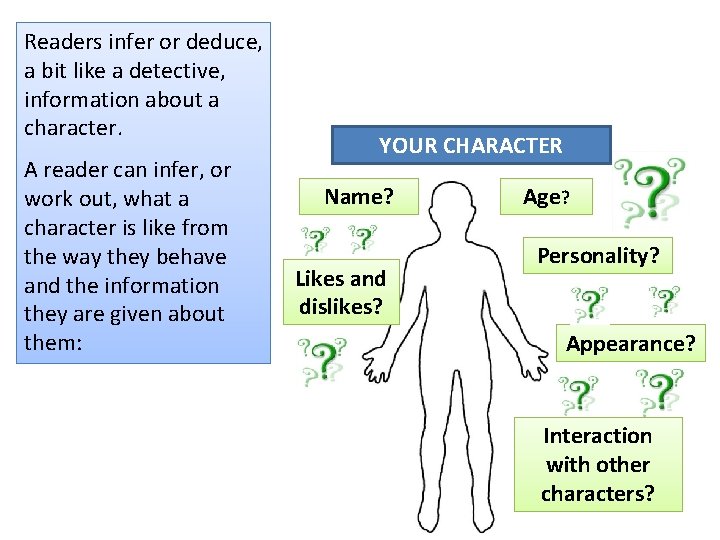 Readers infer or deduce, a bit like a detective, information about a character. A