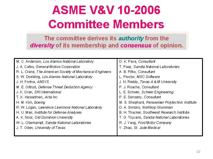 ASME V&V 10 -2006 Committee Members The committee derives its authority from the diversity