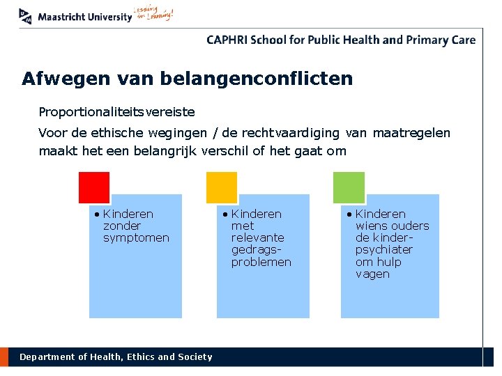 Afwegen van belangenconflicten Proportionaliteitsvereiste Voor de ethische wegingen / de rechtvaardiging van maatregelen maakt