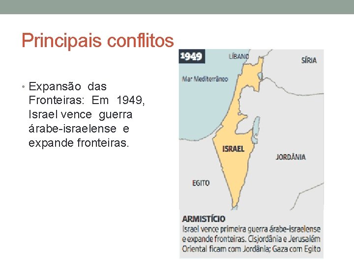 Principais conflitos • Expansão das Fronteiras: Em 1949, Israel vence guerra árabe-israelense e expande