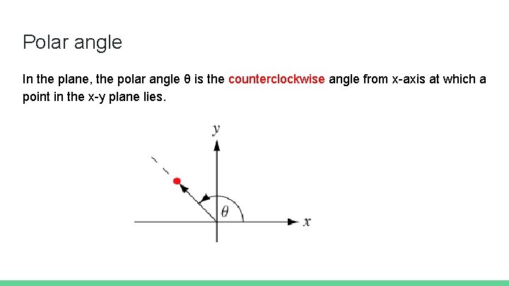 Polar angle In the plane, the polar angle θ is the counterclockwise angle from