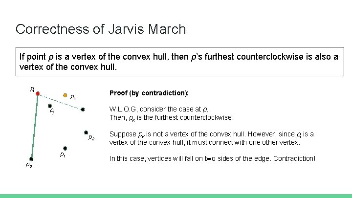 Correctness of Jarvis March If point p is a vertex of the convex hull,