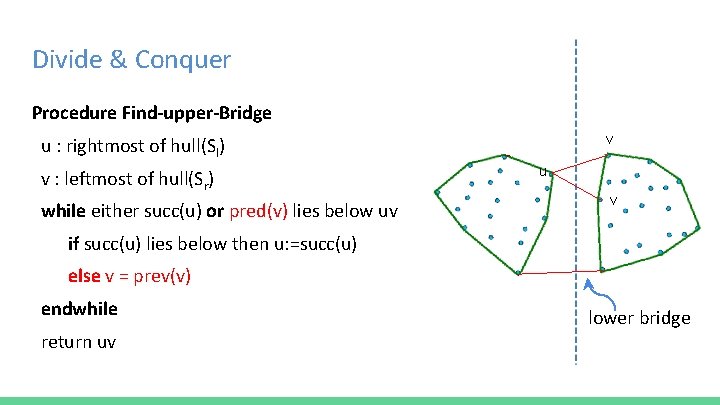 Divide & Conquer Procedure Find-upper-Bridge v u : rightmost of hull(Sl) v : leftmost