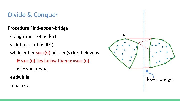 Divide & Conquer Procedure Find-upper-Bridge u : rightmost of hull(Sl) v : leftmost of