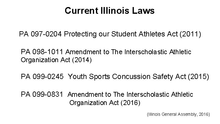 Current Illinois Laws PA 097 -0204 Protecting our Student Athletes Act (2011) PA 098