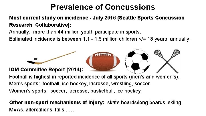 Prevalence of Concussions Most current study on incidence - July 2016 (Seattle Sports Concussion