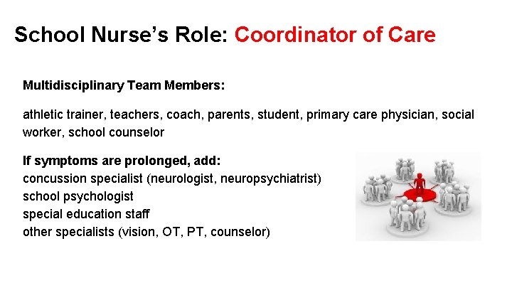 School Nurse’s Role: Coordinator of Care Multidisciplinary Team Members: athletic trainer, teachers, coach, parents,