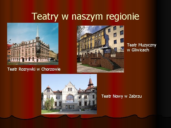 Teatry w naszym regionie Teatr Muzyczny w Gliwicach Teatr Rozrywki w Chorzowie Teatr Nowy