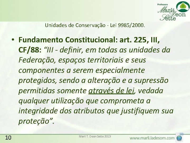 Unidades de Conservação - Lei 9985/2000. • Fundamento Constitucional: art. 225, III, CF/88: “III
