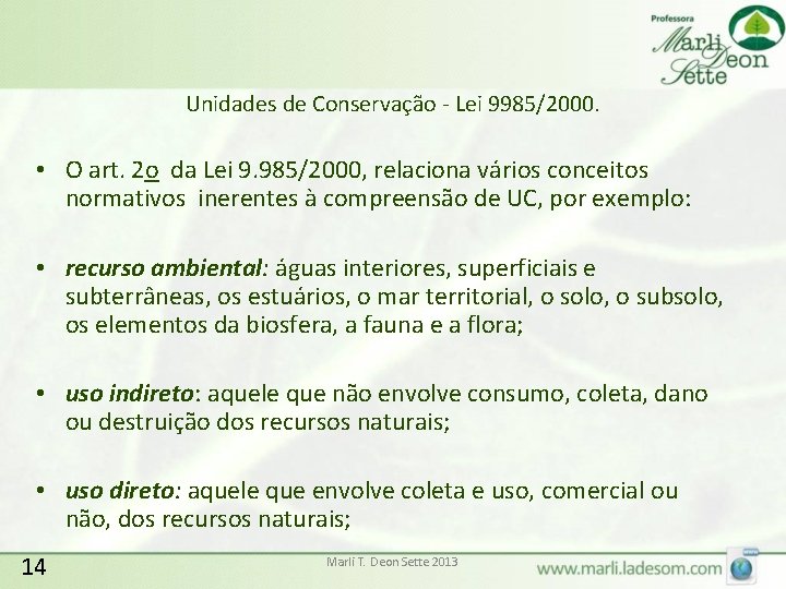 Unidades de Conservação - Lei 9985/2000. • O art. 2 o da Lei 9.
