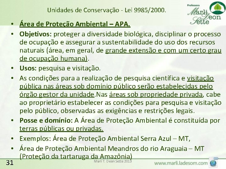 Unidades de Conservação - Lei 9985/2000. • Área de Proteção Ambiental – APA. •