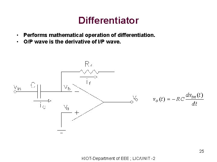 Differentiator • Performs mathematical operation of differentiation. • O/P wave is the derivative of