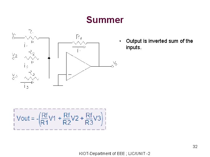 Summer • Output is inverted sum of the inputs. 32 KIOT-Department of EEE ;