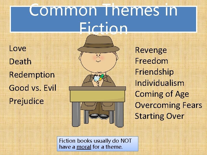 Common Themes in Fiction Love Death Redemption Good vs. Evil Prejudice Revenge Freedom Friendship