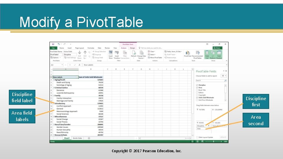 Modify a Pivot. Table Discipline field label Discipline first Area field labels Area second