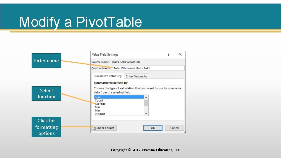 Modify a Pivot. Table Enter name Select function Click formatting options Copyright © 2017