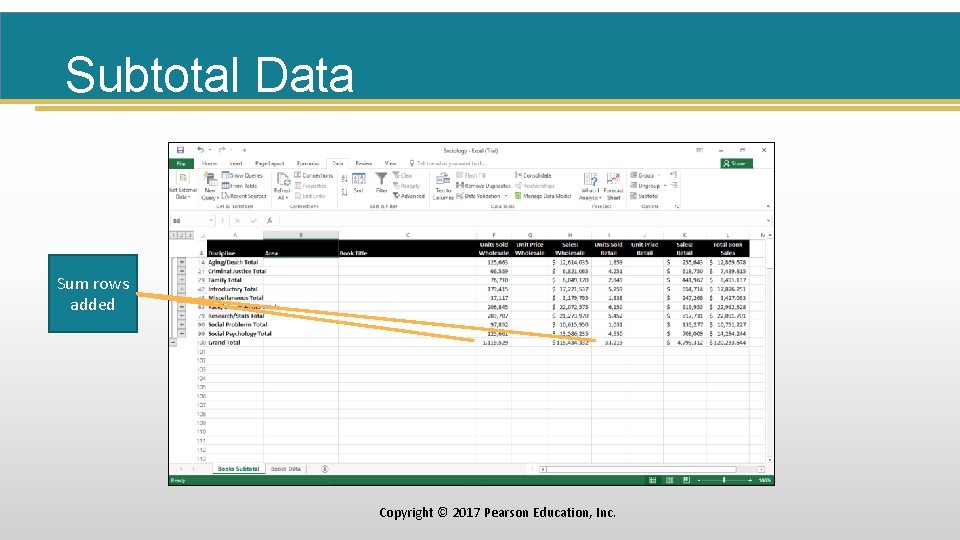 Subtotal Data Sum rows added Copyright © 2017 Pearson Education, Inc. 