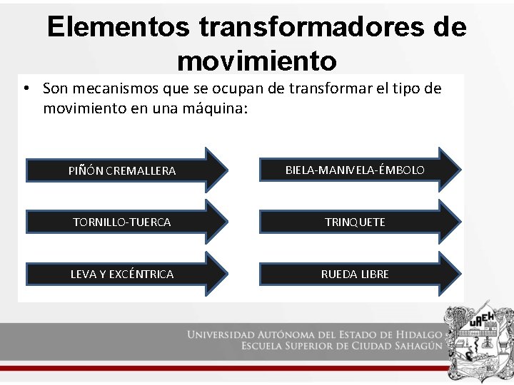 Elementos transformadores de movimiento • Son mecanismos que se ocupan de transformar el tipo Elementos transformadores de movimiento • Son mecanismos que se ocupan de transformar el tipo