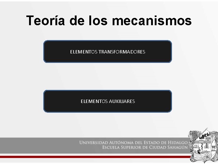 Teoría de los mecanismos ELEMENTOS TRANSFORMADORES ELEMENTOS AUXILIARES Teoría de los mecanismos ELEMENTOS TRANSFORMADORES ELEMENTOS AUXILIARES