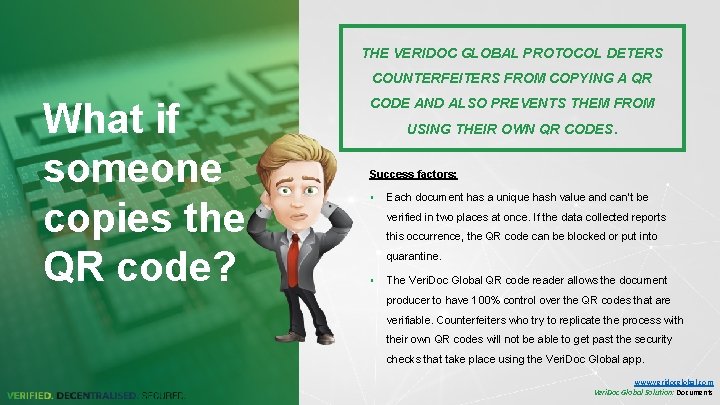 THE VERIDOC GLOBAL PROTOCOL DETERS COUNTERFEITERS FROM COPYING A QR What if someone copies THE VERIDOC GLOBAL PROTOCOL DETERS COUNTERFEITERS FROM COPYING A QR What if someone copies