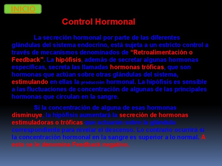 INICIO Control Hormonal La secreción hormonal por parte de las diferentes glándulas del sistema