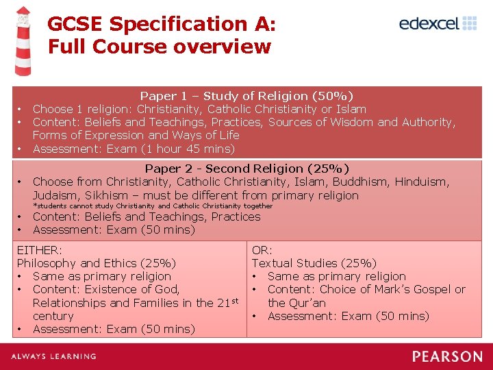 GCSE Specification A: Full Course overview • • Paper 1 – Study of Religion