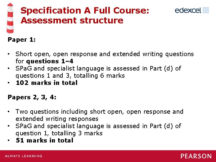 Specification A Full Course: Assessment structure Paper 1: • Short open, open response and