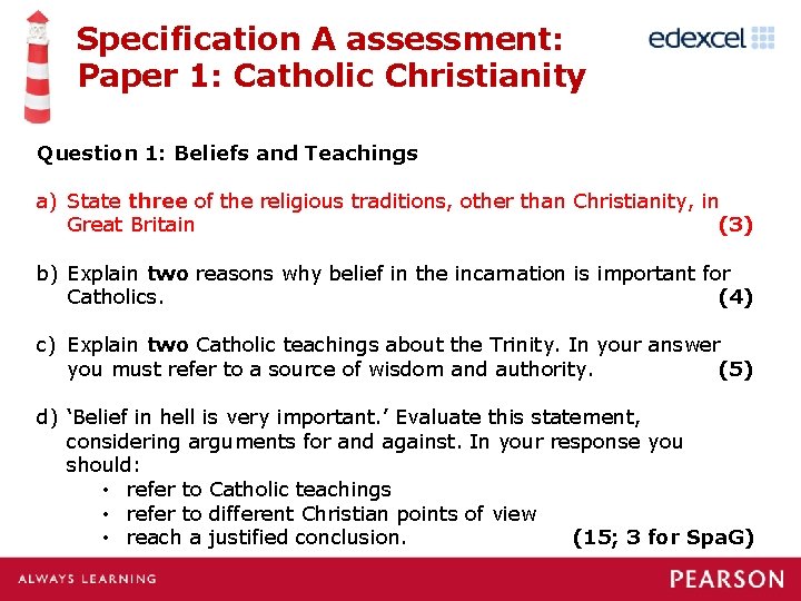 Specification A assessment: Paper 1: Catholic Christianity Question 1: Beliefs and Teachings a) State