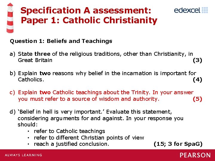 Specification A assessment: Paper 1: Catholic Christianity Question 1: Beliefs and Teachings a) State