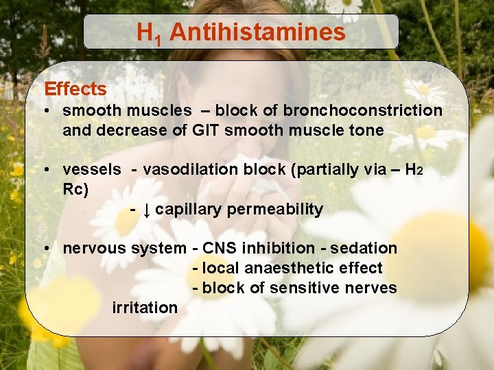 H 1 Antihistamines Effects • smooth muscles – block of bronchoconstriction and decrease of
