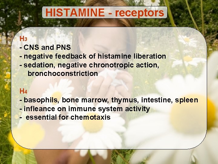 HISTAMINE - receptors H 3 - CNS and PNS - negative feedback of histamine