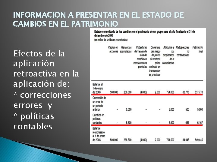 INFORMACION A PRESENTAR EN EL ESTADO DE CAMBIOS EN EL PATRIMONIO Efectos de la