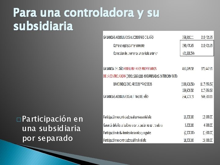 Para una controladora y su subsidiaria � Participación en una subsidiaria por separado 