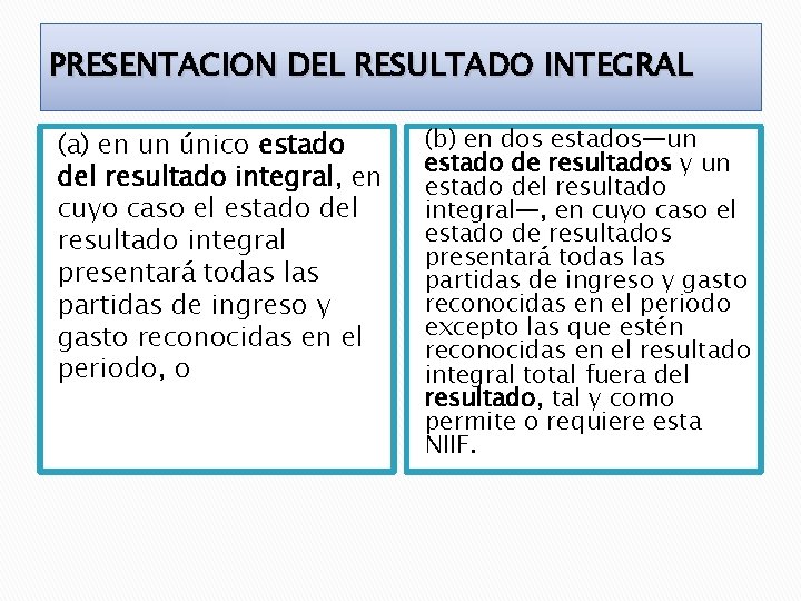 PRESENTACION DEL RESULTADO INTEGRAL (a) en un único estado del resultado integral, en cuyo