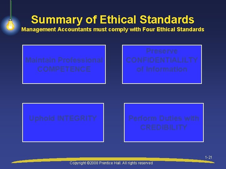 Summary of Ethical Standards Management Accountants must comply with Four Ethical Standards Maintain Professional