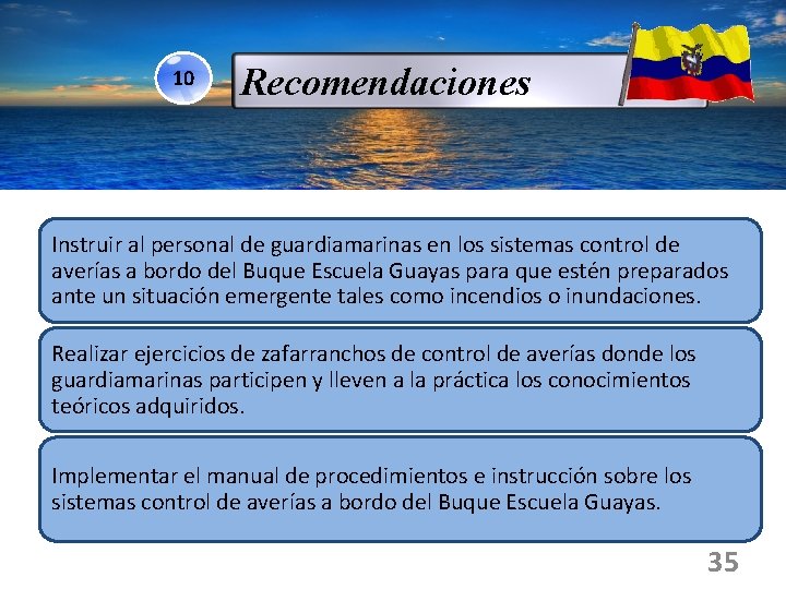 10 Recomendaciones Instruir al personal de guardiamarinas en los sistemas control de averías a