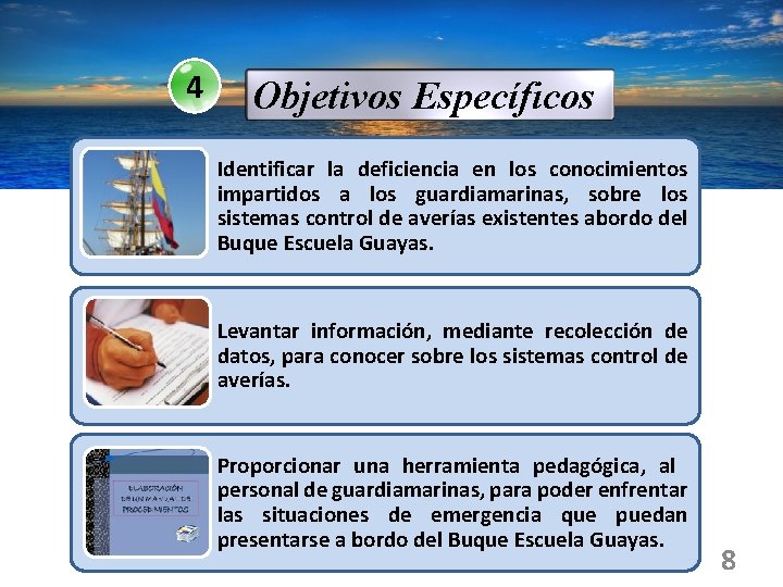 4 Objetivos Específicos Identificar la deficiencia en los conocimientos impartidos a los guardiamarinas, sobre