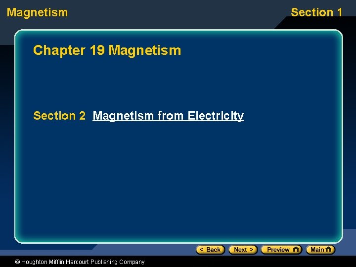 Magnetism Chapter 19 Magnetism Section 2 Magnetism from Electricity © Houghton Mifflin Harcourt Publishing