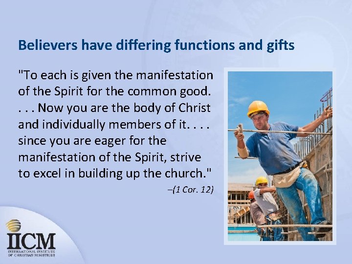 Believers have differing functions and gifts "To each is given the manifestation of the