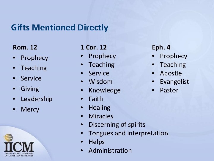 Gifts Mentioned Directly Rom. 12 • Prophecy • Teaching • Service • Giving •