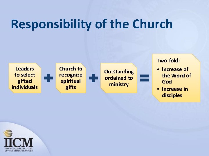 Responsibility of the Church Two-fold: Leaders to select gifted individuals Church to recognize spiritual