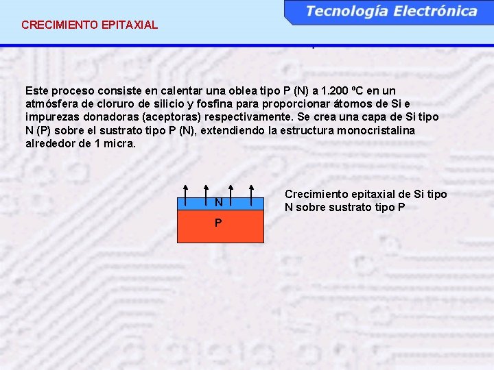 CRECIMIENTO EPITAXIAL Este proceso consiste en calentar una oblea tipo P (N) a 1.