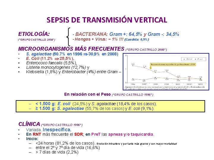 SEPSIS DE TRANSMISIÓN VERTICAL ETIOLOGÍA: (“GRUPO CASTRILLO 2008”) - BACTERIANA: Gram +: 64, 5%