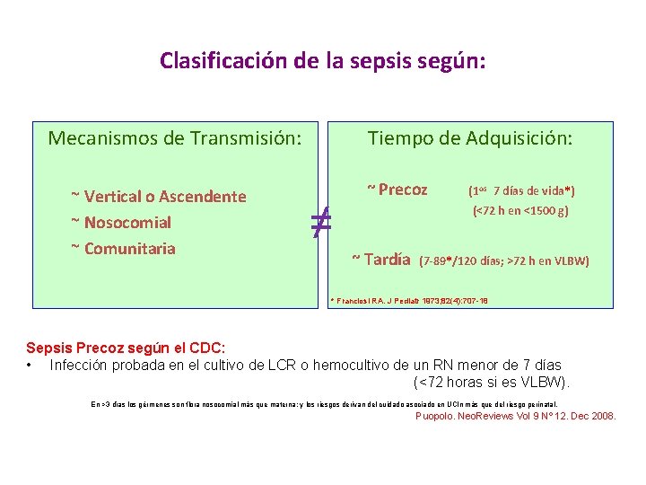 Clasificación de la sepsis según: Mecanismos de Transmisión: ~ Vertical o Ascendente ~ Nosocomial